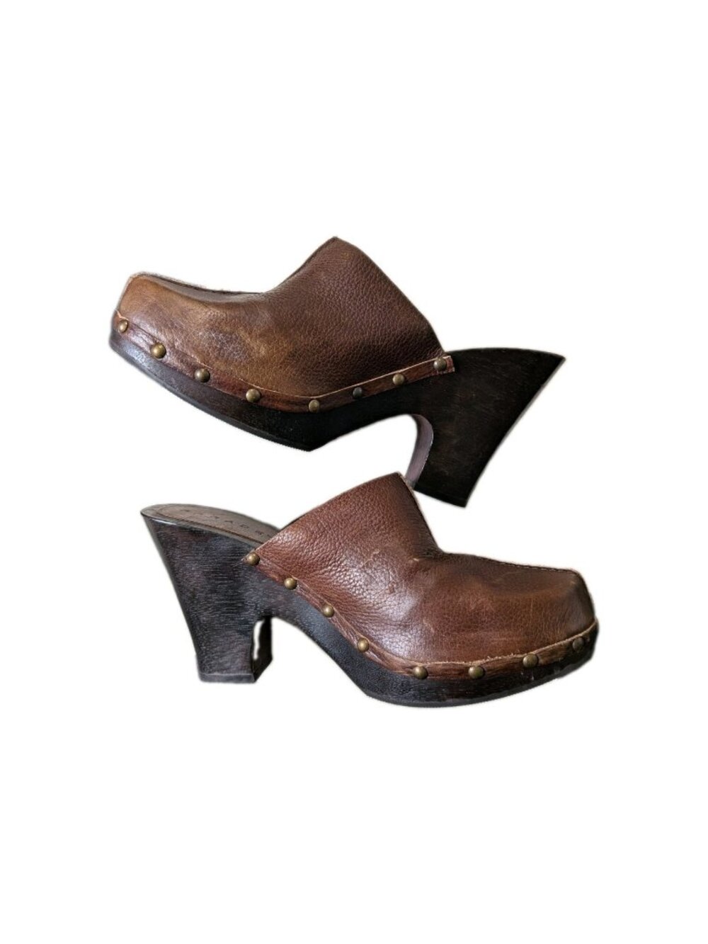 Vtg Parade Y2K Leather Studded Wooden Clogs Heels Brown Mules Size 8.5